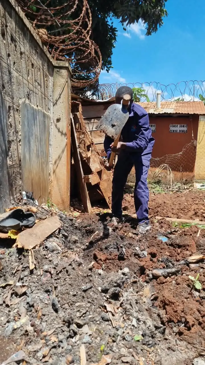 A farmer breaking up ground with a hoe to prepare a plot